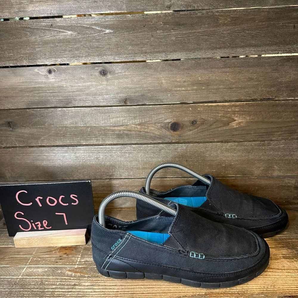 Mens Crocs Walu Black Canvas‎ Casual Comfort Slip On Loafers Shoes Size 7 D GUC